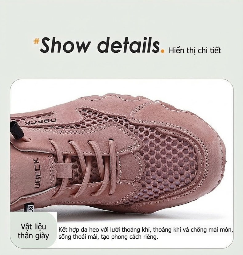 Giày Thể Thao Lưới Thoáng Khí Nam Nữ Da Mờ Outdoor Chiều Cao Đế Khoảng 3cm Màu Kem, Hồng chi tiết 10