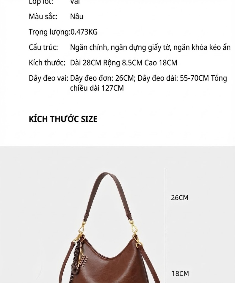 Túi Tote Nữ Da Bóng Đeo Vai Đựng Vừa A4 Phong Cách Cổ Điển Màu Nâu chi tiết 3