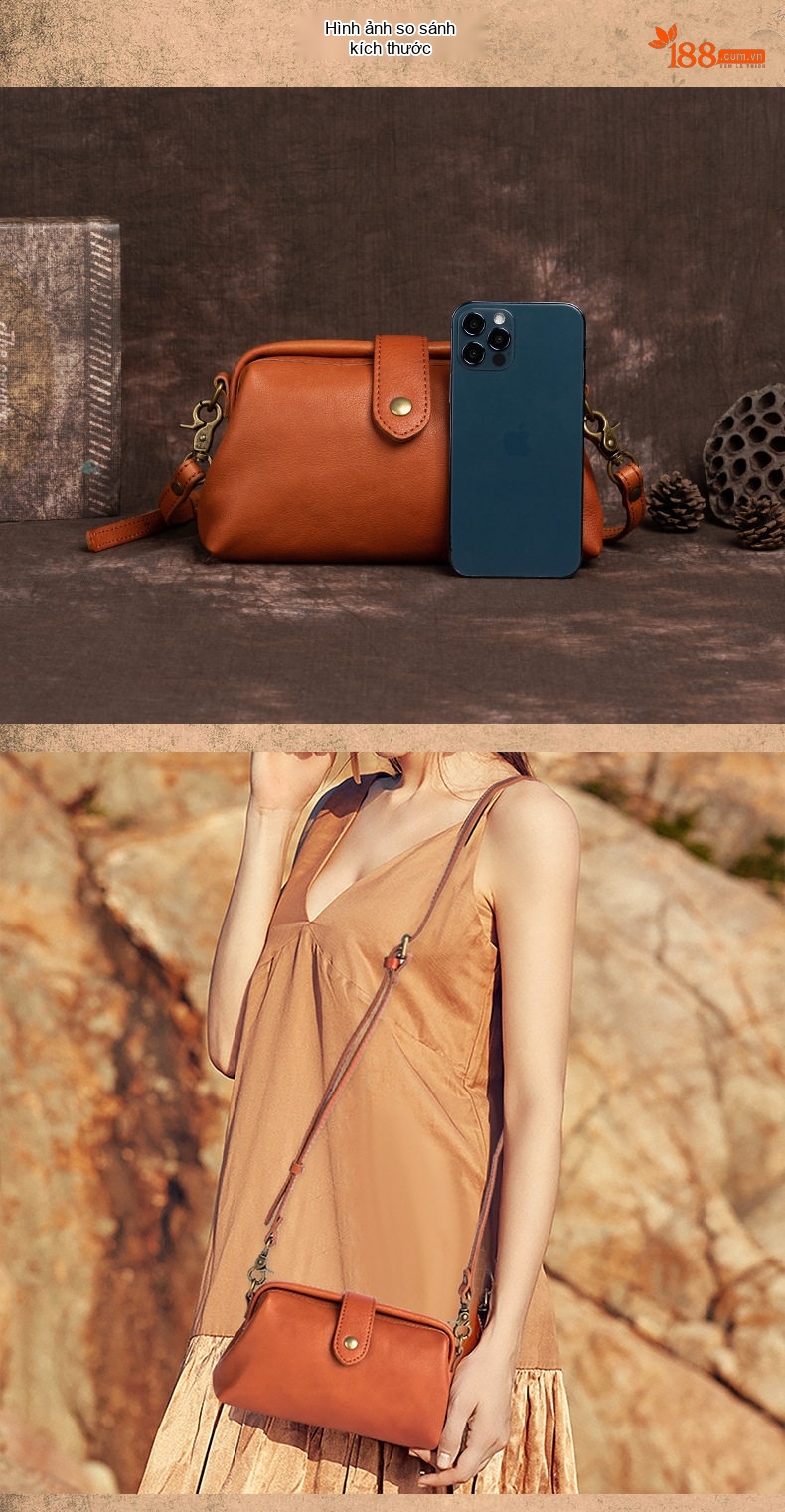 Túi Đeo Chéo Nữ Da Bò Thủ Công Vintage Dáng Nhỏ Màu Nâu, Đỏ chi tiết 13