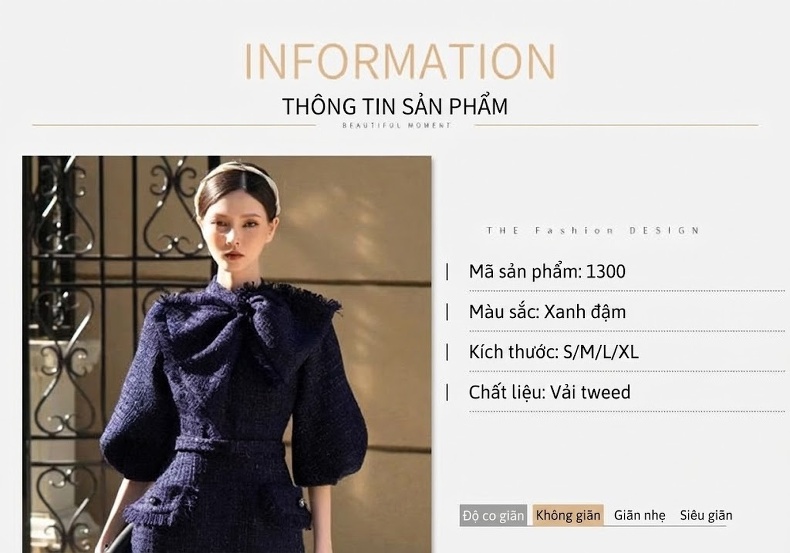 Váy Đầm Ôm Body Tay Lỡ Thiết Kế Nơ Cổ Chất Liệu Thô Tweed Màu Xanh Navy chi tiết 1