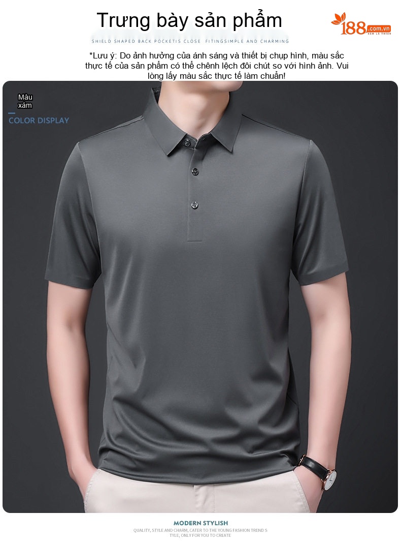 Áo Polo Nam Tay Ngắn Sợi Tằm Thượng Hạng Cổ Bẻ Phong Cách Business Casual Màu Đen, Đỏ, Xám, Xanh... chi tiết 15