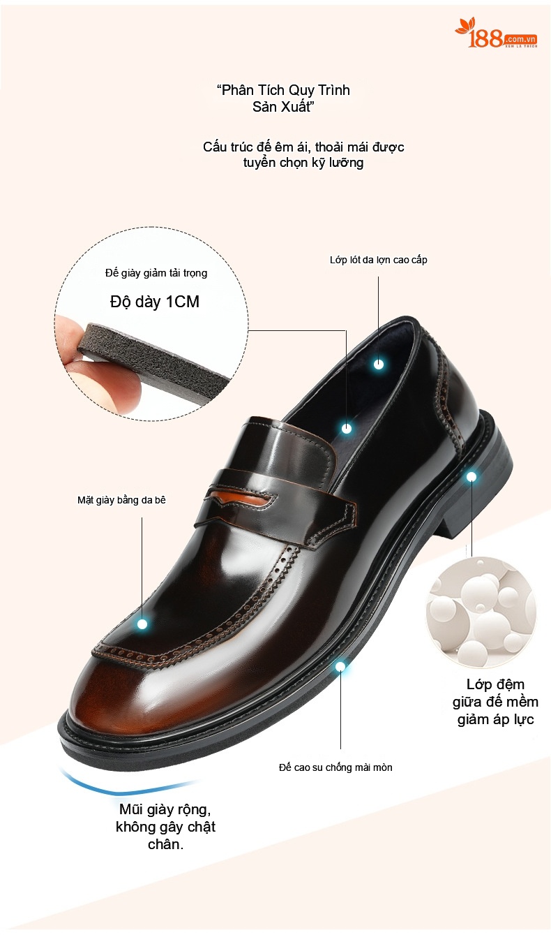Giày Lười Nam Da Bò Mũi Vuông Da Bóng Chiều Cao Đế Khoảng 3cm Màu Đen, Nâu chi tiết 3