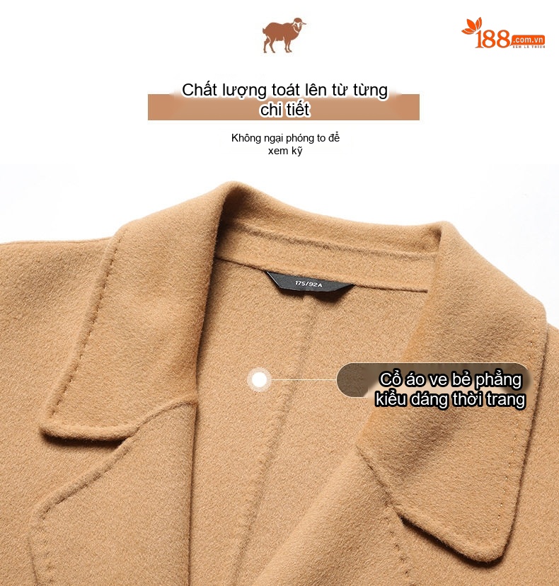 Áo Khoác Dạ Nam Dáng Dài 100% Lông Cừu Hai Hàng Khuy Màu Vàng Be, Đen chi tiết 6