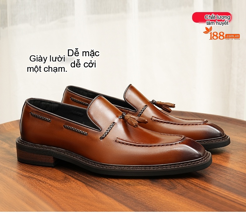 Giày Lười Nam Da Bò Trang Trí Tua Rua Chiều Cao Đế Khoảng 3cm Màu Nâu, Đen chi tiết 6