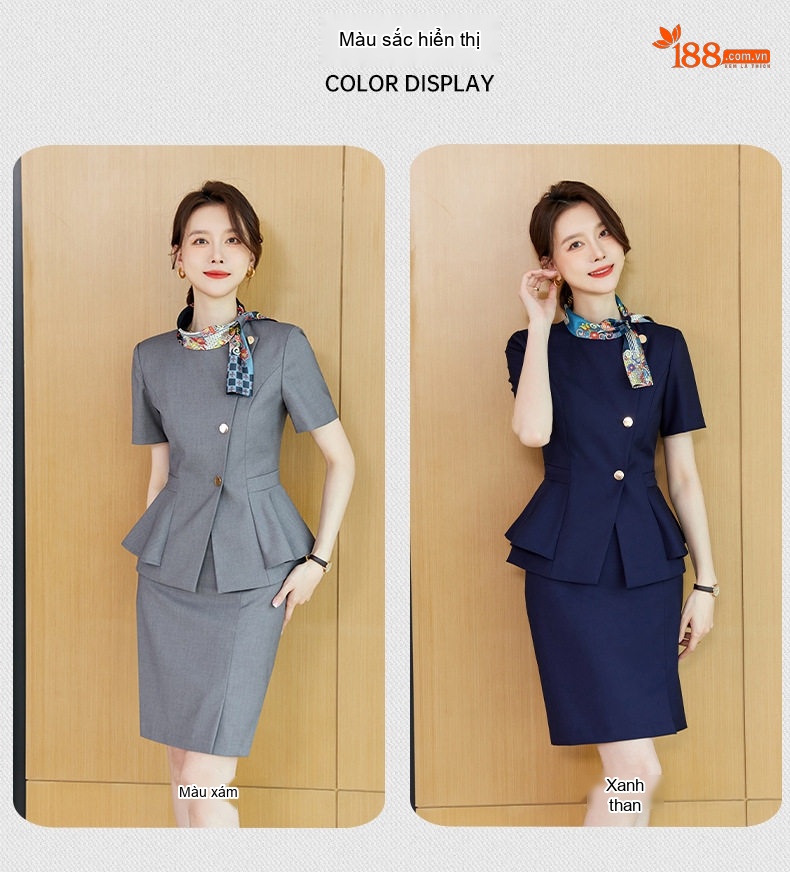 Bộ Vest Công Sở Nữ Tay Ngắn Thiết Kế Thanh Lịch Màu Xanh, Xám chi tiết 8