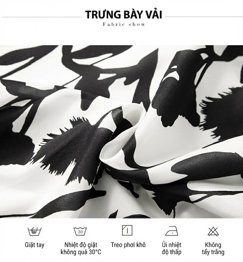 Chân Váy Lụa Tằm A Line Cạp Cao Họa Tiết Thời Trang Màu Trắng, Đen chi tiết 4