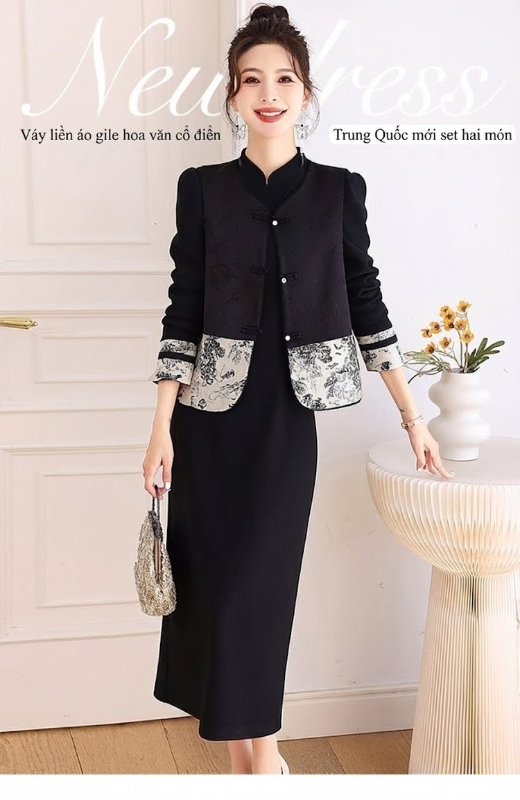 Set Áo Khoác và Chân Váy Dáng Ôm Họa Tiết Thêu Thanh Lịch Màu Đen chi tiết 1