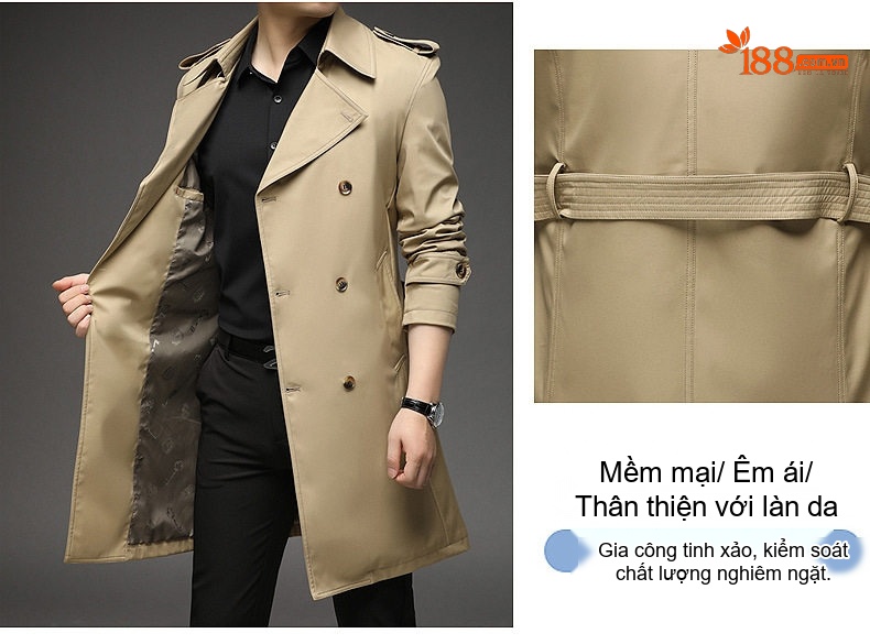 Áo Khoác Mangto Nam Dáng Dài Vừa Vặn Hai Hàng Khuy Màu Be, Xanh Navy, Đen chi tiết 12