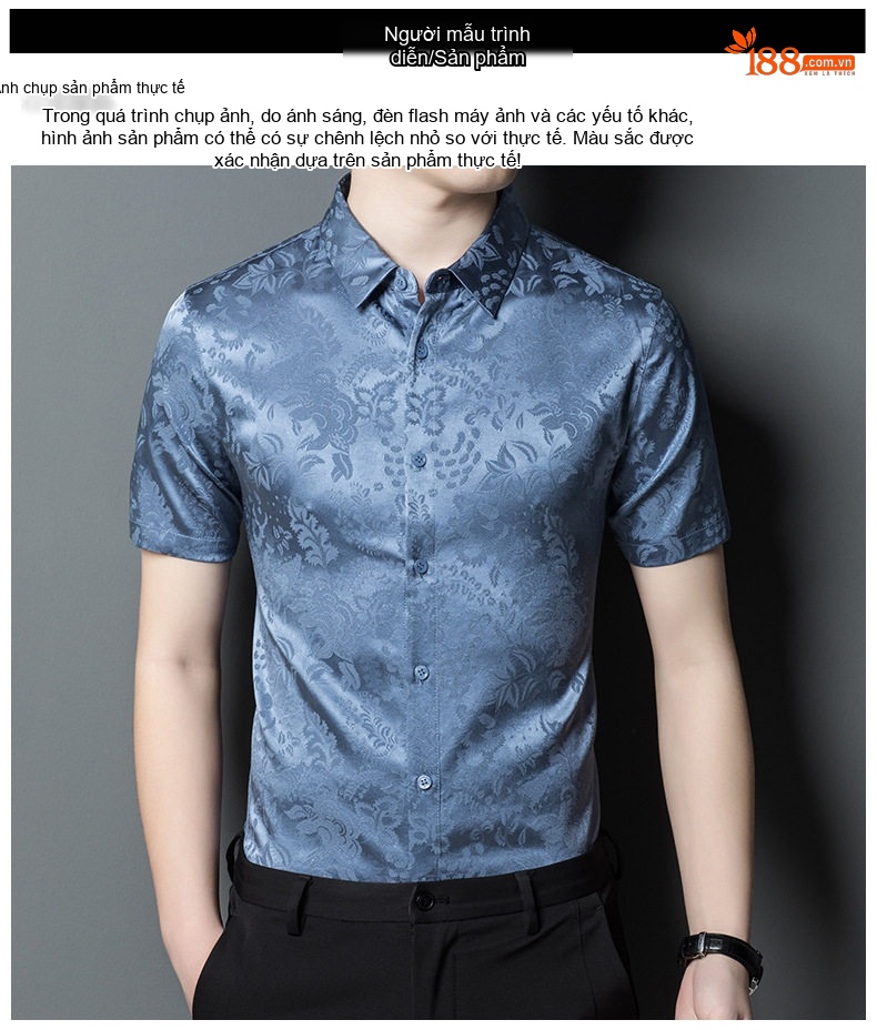 Áo Sơ Mi Nam Lụa Tơ Tằm Tay Ngắn Họa Tiết Jacquard Màu Xanh Lam chi tiết 7