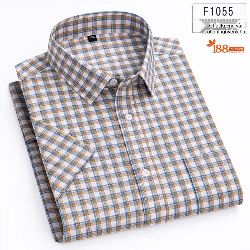 Áo Sơ Mi Nam Tay Ngắn Cotton Kẻ Sọc Thoáng Mát Màu Xám, Xanh Dương, Vàng