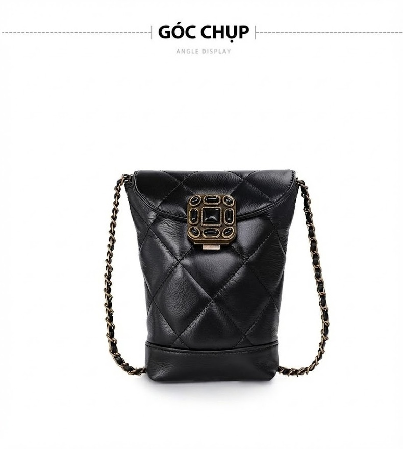 Túi Đeo Chéo Mini Nữ Da Bò Lớp Đầu Họa Tiết Trám Khóa Cài Dây Xích Màu Đen chi tiết 12