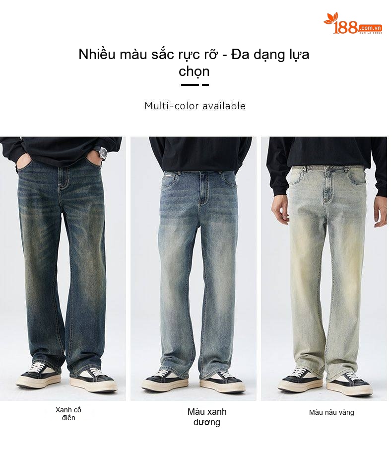 Quần Jean Nam Ống Đứng Dáng Rộng Phong Cách Mỹ Wash Bụi Màu Xanh chi tiết 8