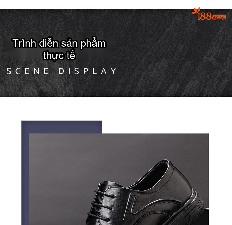 Giày Tây Buộc Dây Nam Da Thật Chiều Cao Đế Khoảng 3cm Màu Đen chi tiết 4