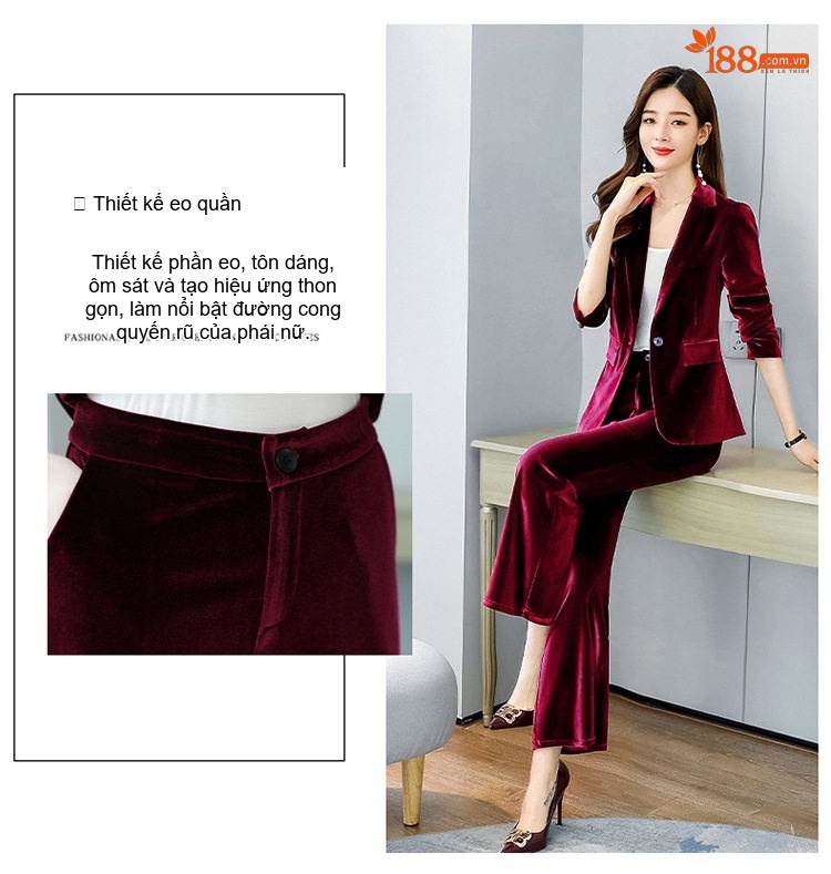 Bộ Vest Nữ Vải Nỉ Dáng Ôm Thời Trang Màu Đỏ Rượu Vang, Xanh Navy chi tiết 4