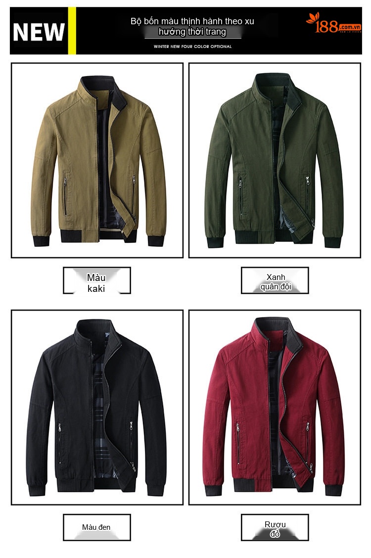 Áo Khoác Bomber Nam Cotton Dáng Đứng Cổ Giản Dị Màu Xanh Olive, Đỏ, Xanh Lá, Đen... chi tiết 2