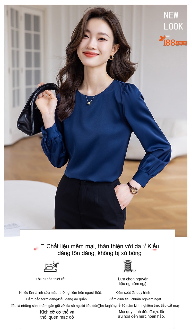 Áo Sơ Mi Tay Dài Nữ Cổ Tròn Phong Cách Thanh Lịch Màu Trắng, Đen, Xanh Navy chi tiết 6