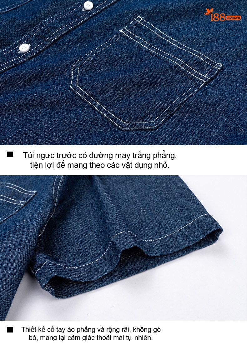 Áo Sơ Mi Tay Ngắn Cotton Denim Nam Phong Cách Hàn Quốc Màu Xanh Dương Nhạt, Xanh Dương Đậm chi tiết 14