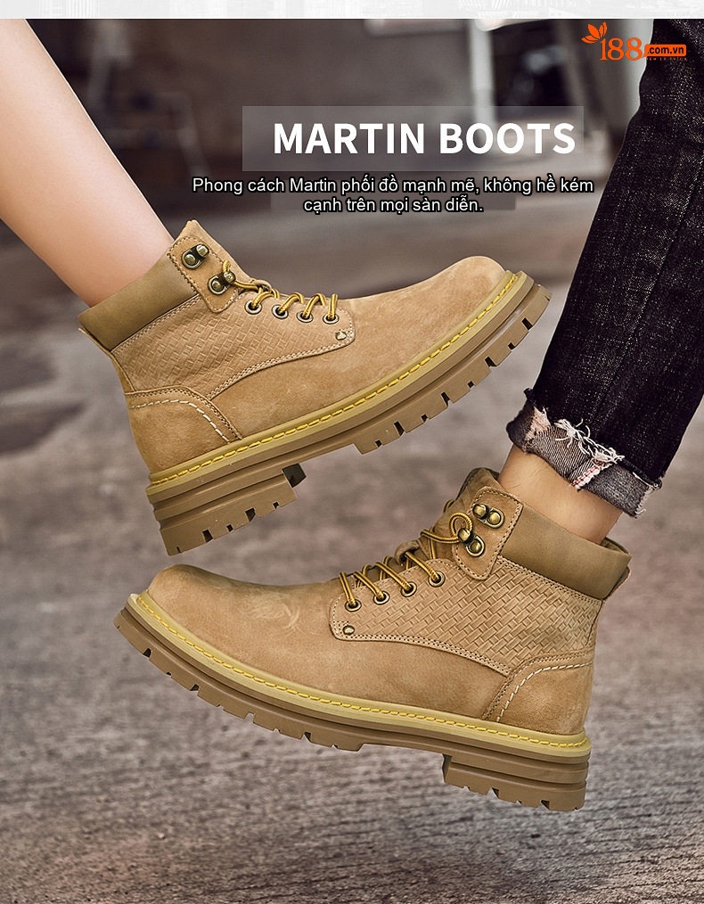 Giày Boot Nam Da Mờ Cổ Cao Có Dây Kiểu Martin Chiều Cao Đế Khoảng 4cm Màu Nâu chi tiết 2
