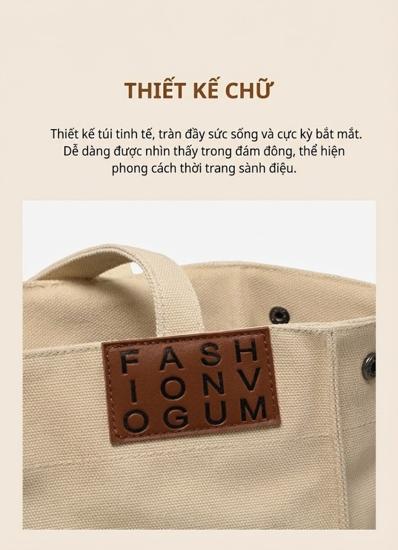 Túi Tote Nữ Vải Canvas Đựng Vừa A4 Đa Năng Phong Cách Hàn Quốc Màu Be chi tiết 4