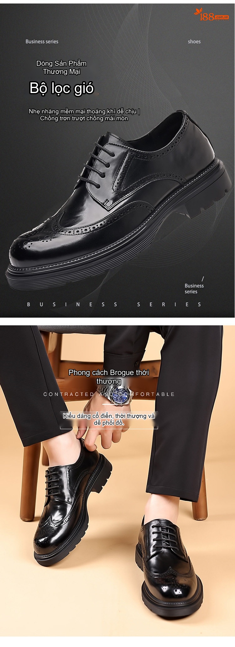Giày Tây Buộc Dây Nam Da Bò Brogue Chiều Cao Đế Khoảng 4cm Màu Đen, Nâu chi tiết 4