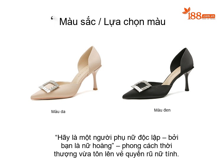 Giày Cao Gót Nữ Da Cừu Mũi Nhọn Khóa Vuông Đính Đá Chiều Cao Đế Khoảng 6cm Màu Kem, Đen chi tiết 3