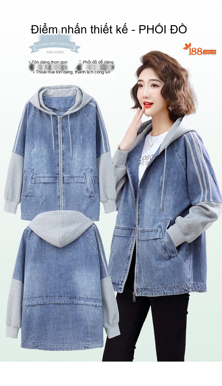 Áo Khoác Jean Nữ Tay Lỡ Có Mũ Trẻ Trung Phong Cách Hàn Quốc Màu Xanh, Xám chi tiết 4