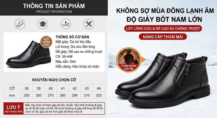 Giày Cao Cổ Nam Da Thật Lót Lông Cừu Giữ Ấm Chiều Cao Đế Khoảng 3cm Màu Đen chi tiết 6