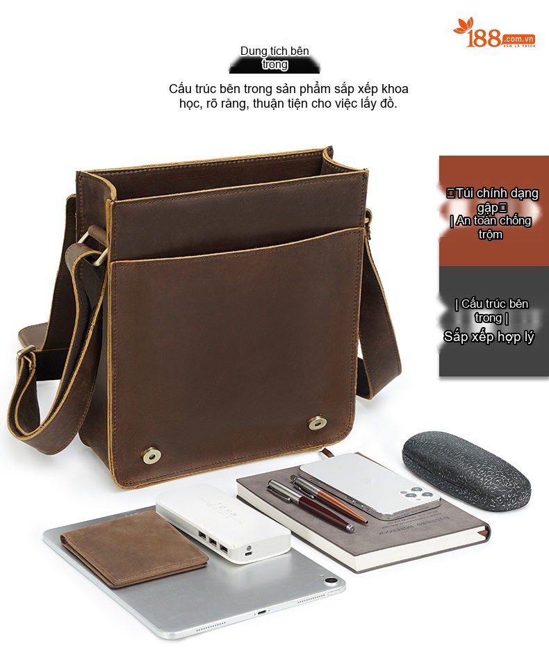 Túi Đeo Chéo Nam Da Bò Sáp Đựng Vừa Laptop, Ipad Phong Cách Retro Âu Mỹ chi tiết 9