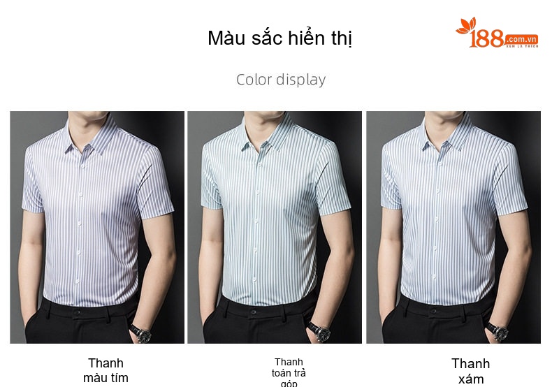 Áo Sơ Mi Nam Tay Ngắn Lụa Tằm Cao Cấp Họa Tiết Kẻ Sọc Màu Trắng, Xanh chi tiết 6