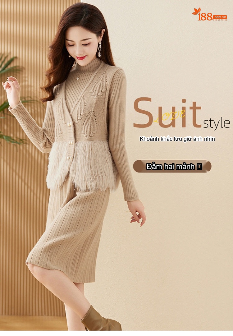 Set Áo Gile Lông Cừu Non Cổ chữ V Đính Cúc và Đầm Dệt Kim Liền Thân Nữ Màu Be, Xám, Nâu, Đỏ... chi tiết 1