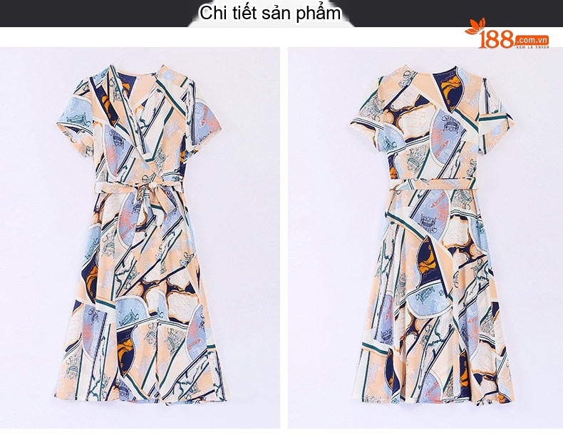 Váy liền thân Nữ Thiết Kế Pháp Eo Cao Tay Ngắn Họa Tiết chi tiết 18