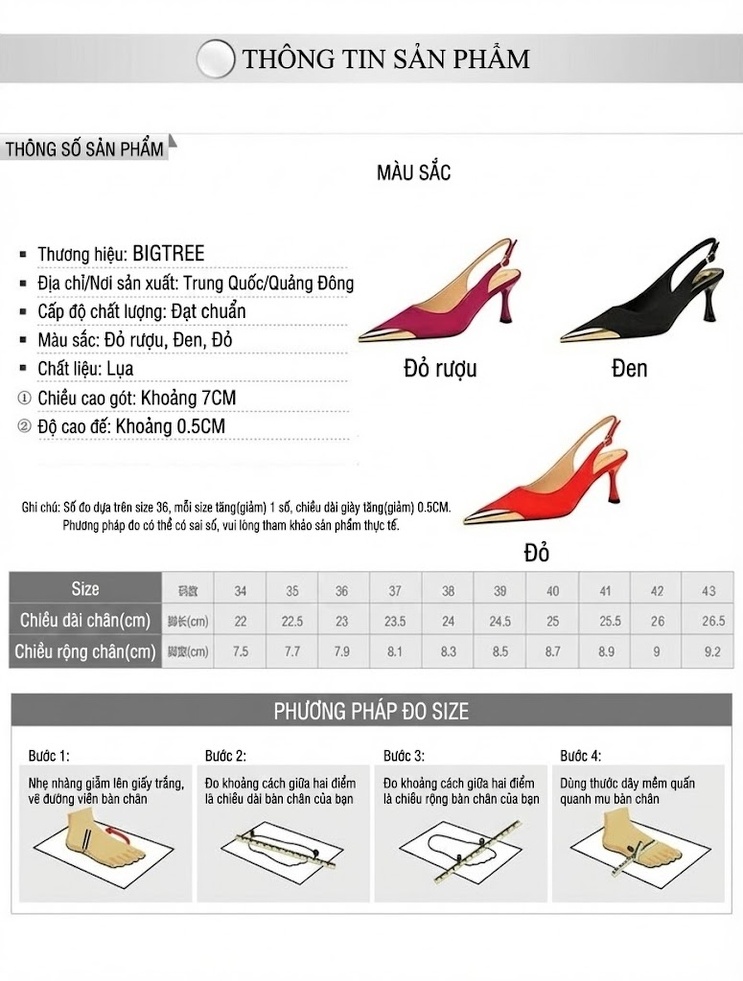 Giày Cao Gót Nữ Quai Hậu Mũi Nhọn Kim Loại Bọc Lụa Chiều Cao Đế Khoảng 6cm Màu Đỏ, Đen, Tím Đỏ... chi tiết 1