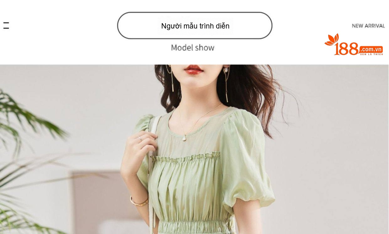 Váy liền thân Nữ Tay Phồng dáng chữ A Chiết Eo Thon Gọn Màu Xanh Lá, Hồng, Vàng Be chi tiết 12