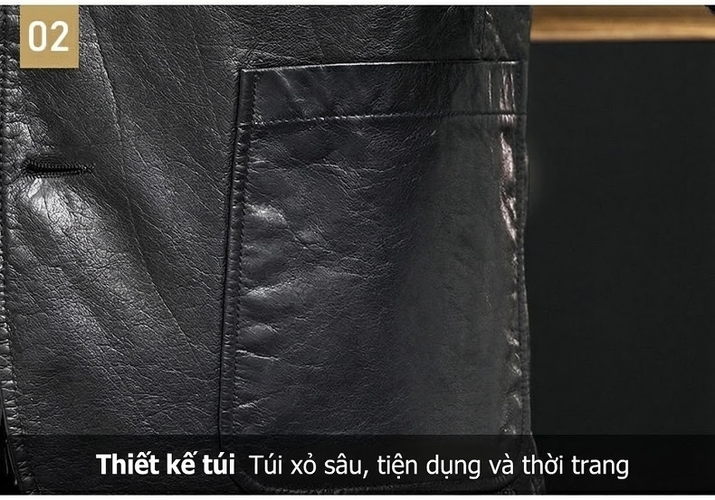 Áo Khoác Da Bò Nam Dáng Vest Tây Khóa Cài Phong Cách Hải Ninh Màu Đen chi tiết 17