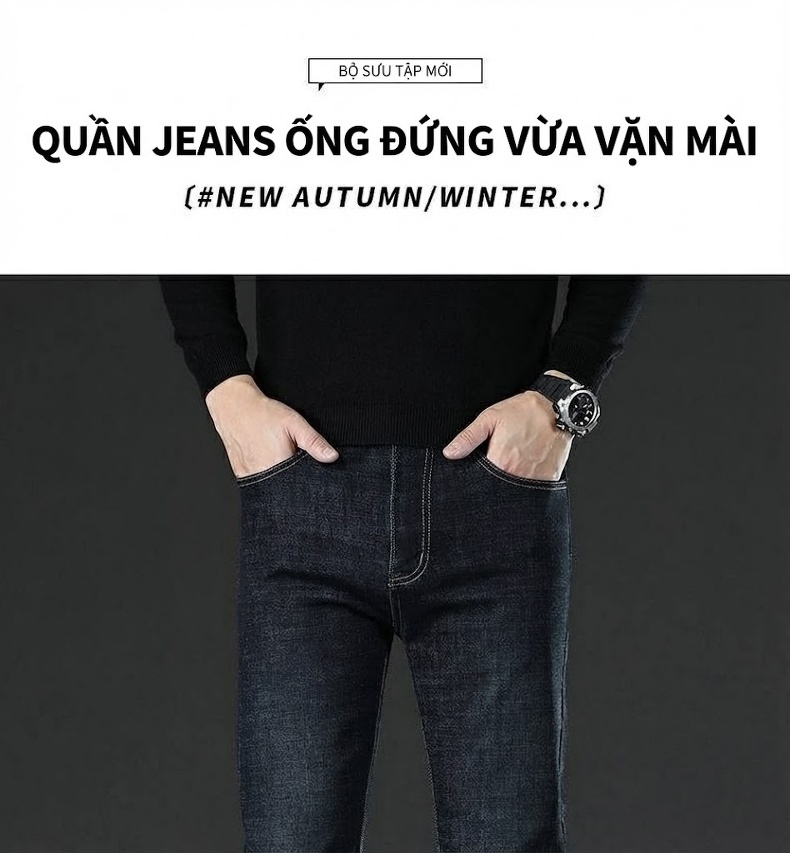 Quần Jean Nam Ống Đứng Co Giãn Thoải Mái Màu Xanh Đen chi tiết 1
