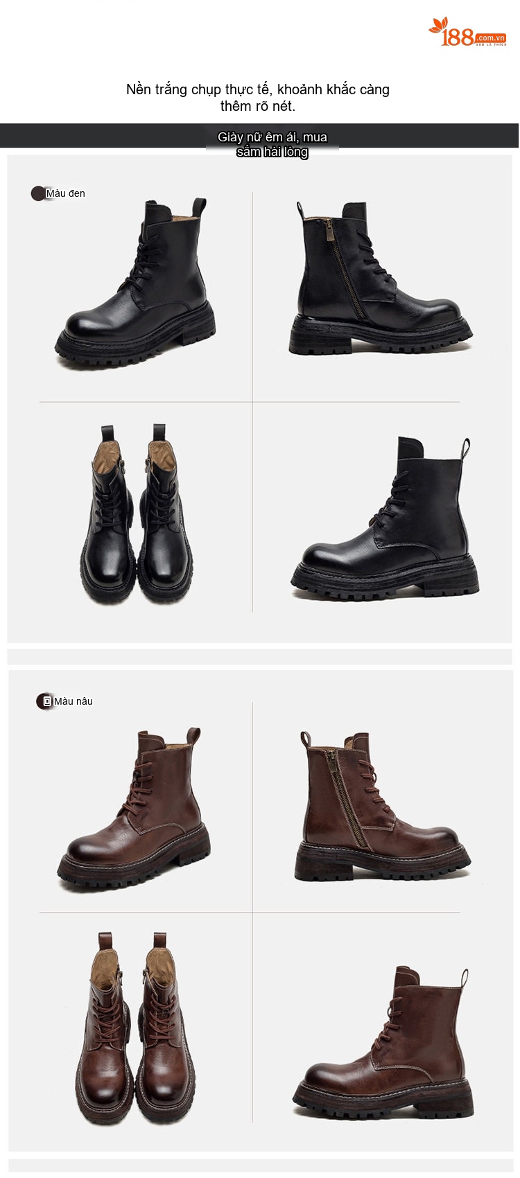 Boot Nữ Cổ Ngắn Da Bò Phong Cách Anh Quốc Chiều Cao Đế Khoảng 5cm Màu Đen, Nâu chi tiết 13