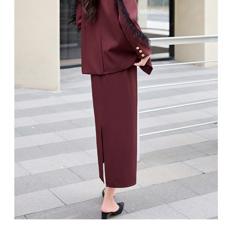 Set Áo Blazer Tay Lông và Chân Váy Nữ Phong Cách Hàn Quốc Màu Đỏ Rượu Vang, Đen chi tiết 13