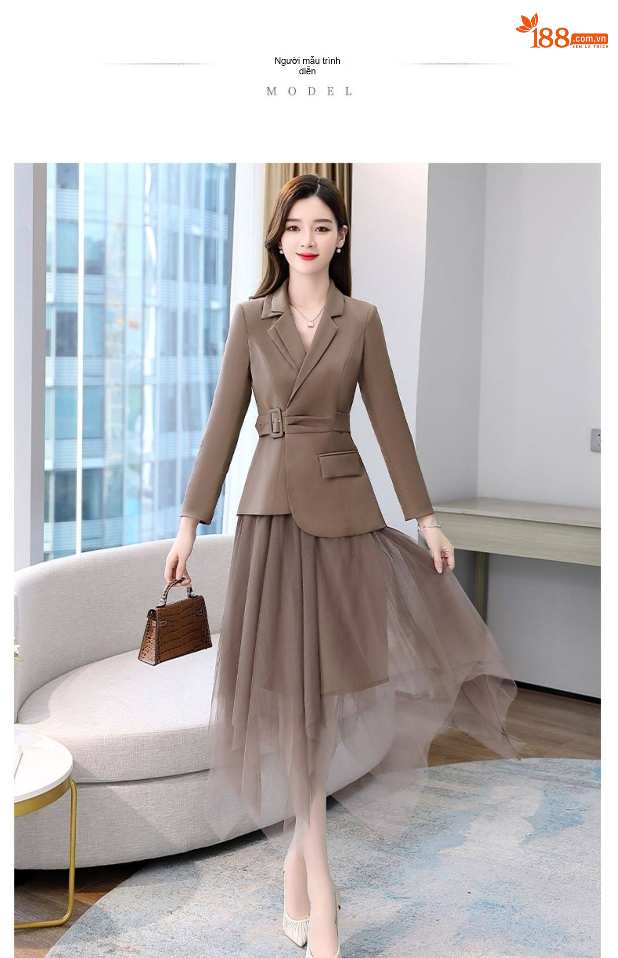 Set Áo Vest Blazer Tay Lỡ Và Chân Váy Voan Xòe Dáng Dài Thanh Lịch Màu Đỏ Tía, Xanh Navy, Nâu, Đen... chi tiết 10