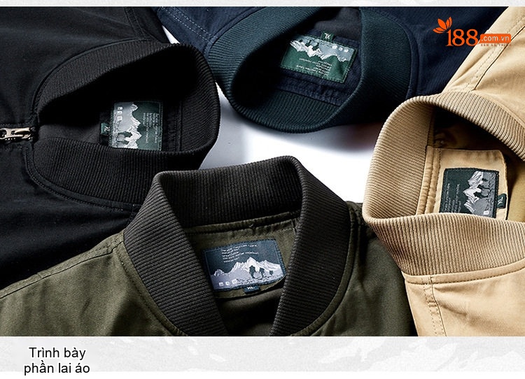 Áo Khoác Bomber Nam Vải Cotton Giặt Nước Cổ Bóng Chày Màu Xanh Olive, Đen, Xanh Navy, Be chi tiết 8