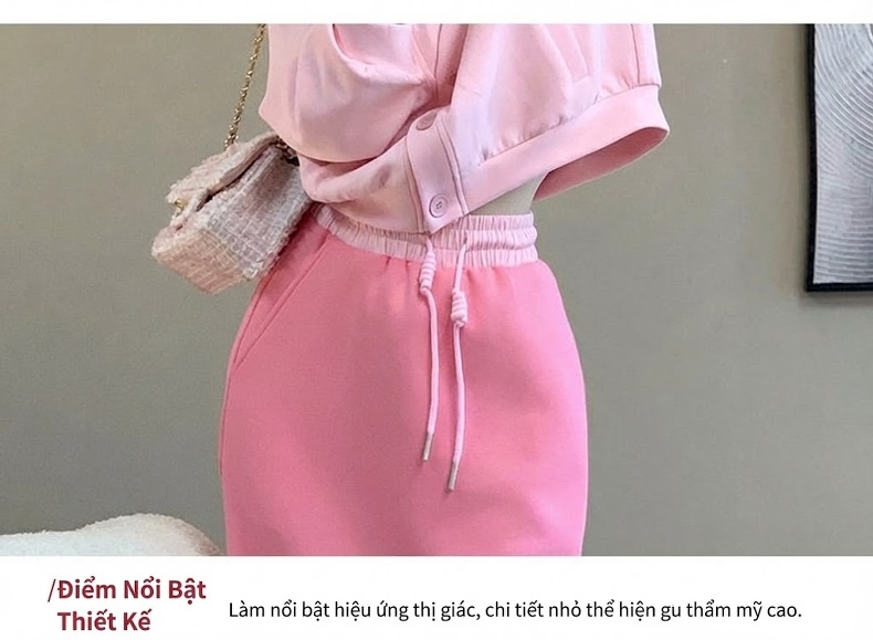 Set Bộ Nữ Áo Hoodie Giả Hai Lớp và Chân Váy Dáng Ôm Năng Động Màu Hồng, Xám, Đen chi tiết 17