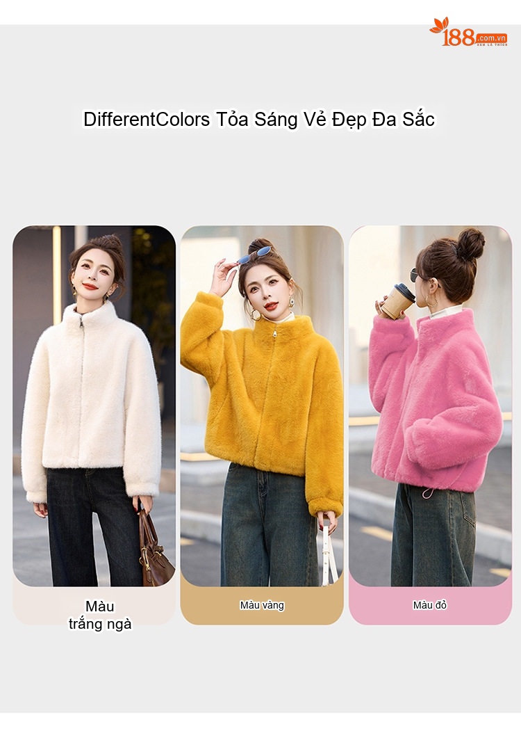Áo Khoác Lông Ngắn Nữ Lông Cừu Non Dáng Nhỏ Gọn Giữ Ấm Màu Hồng, Trắng, Vàng chi tiết 11