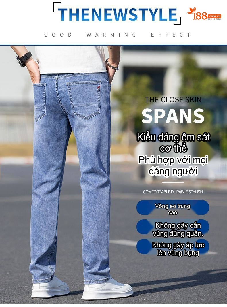 Quần Jeans Nam Ống Đứng Co Giãn Thoải Mái Phong Cách Casual Màu Xanh chi tiết 3