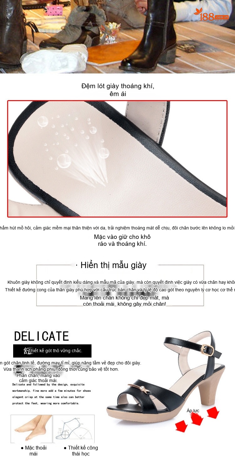 Giày Sandal Cao Gót Nữ Quai Ngang Gót Vuông Da Mờ Gót Cao 7cm - 8cm Màu Kem, Đen chi tiết 8