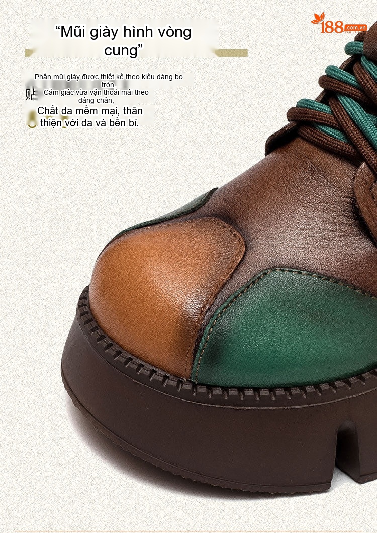 Boot Nữ Cổ Ngắn Da Bò Đế Bánh Mì Phối Màu Chiều Cao Đế Khoảng 5cm Màu Nâu, Vàng, Xanh Lá chi tiết 3