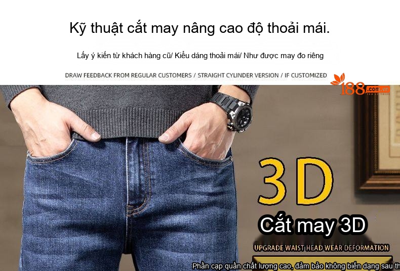 Quần Jean Nam Dáng Ôm Vừa, Ống Đứng, Co Giãn, Phong Cách Lịch Lãm Màu Xanh Denim chi tiết 7