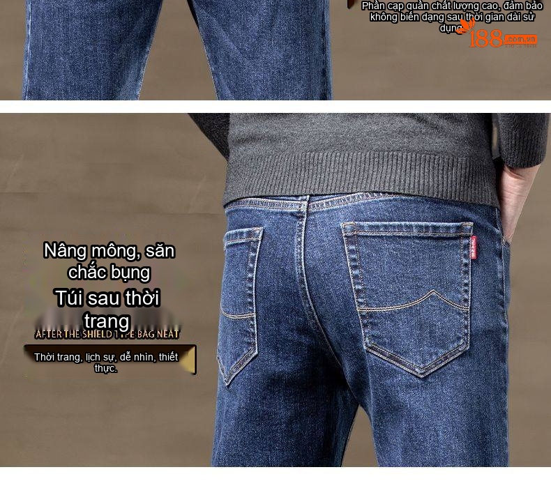 Quần Jean Nam Dáng Ôm Vừa, Ống Đứng, Co Giãn, Phong Cách Lịch Lãm Màu Xanh Denim chi tiết 8