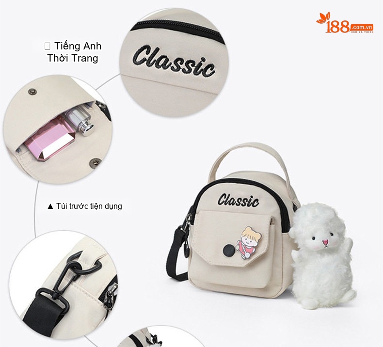 Túi Đeo Chéo Nữ Vải Canvas Mini Đựng Điện Thoại Phong Cách Hàn Quốc Màu Kem chi tiết 4