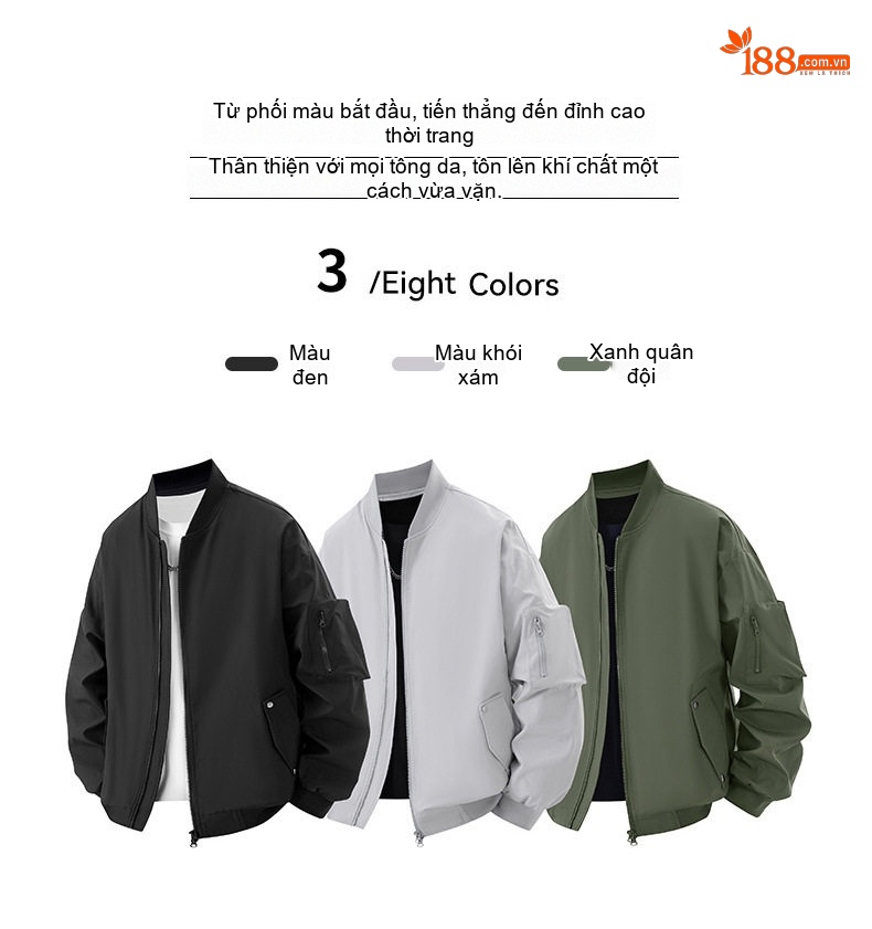 Áo Khoác Bomber Nam Dáng Rộng Phong Cách Retro Màu Xanh Olive, Đen, Xám... chi tiết 3