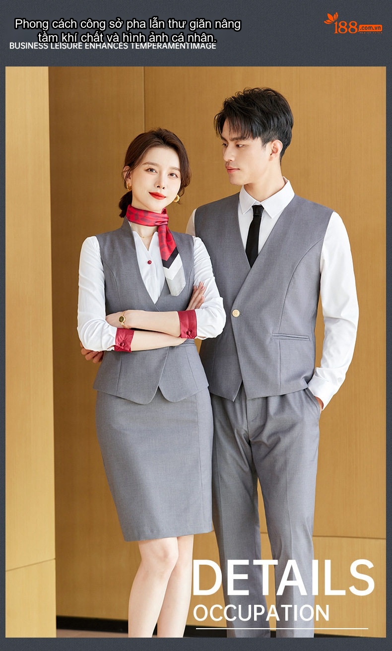 Bộ Vest Công Sở Nam Nữ Áo Ghile Quần Dài Công Nhân Lễ Tân Khách Sạn Màu Xám, Xanh Navy, Đỏ chi tiết 15