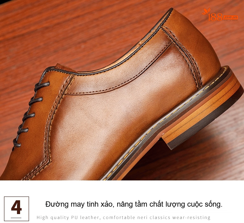 Giày Tây Buộc Dây Nam Da Bò Thật Thủ Công Chiều Cao Đế Khoảng 3cm Màu Nâu chi tiết 6